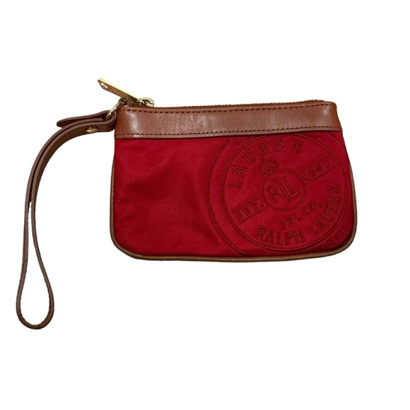 Ralph Lauren LRL red nylon with brown leather trim zipper wristlet gold hardware - Picture 1 of 7